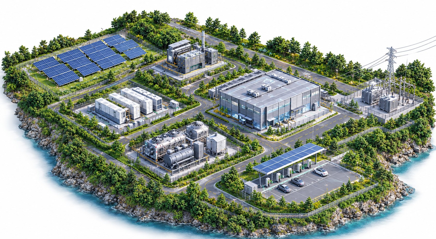 Aerial view of the site: solar farm, generator house, BESS yard, production hall, substation, chiller plant and EV charging