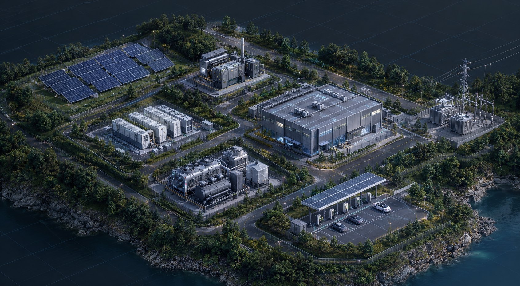 Aerial view of the site: solar farm, generator house, BESS yard, production hall, substation, chiller plant and EV charging